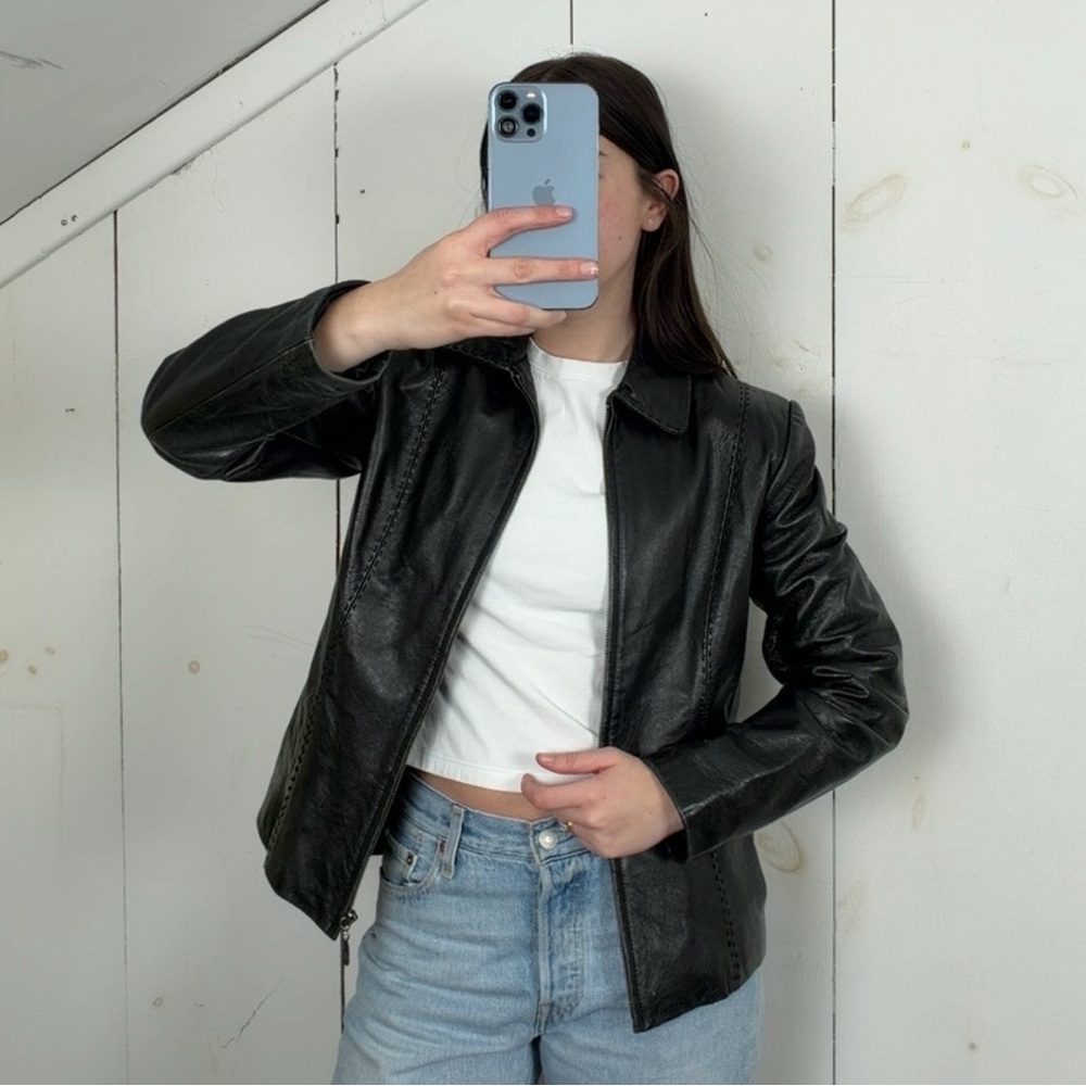 Vintage Sonoma Black Genuine Lambskin Leather Full Zip Fitted Jacket Women’s S